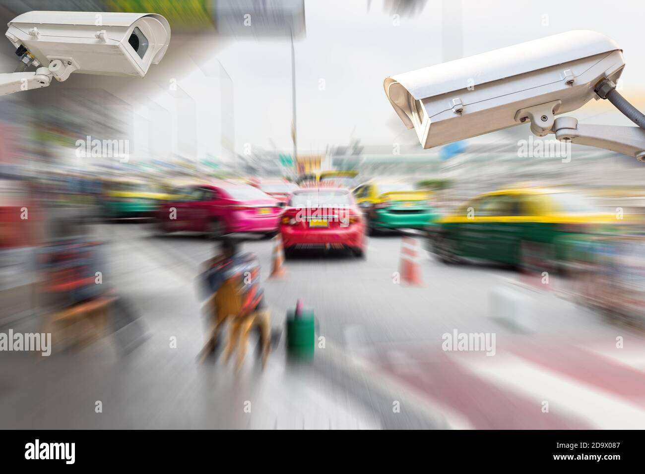 CCTV or surveillance camera recording of traffic in the parking lot for taxis carry passengers