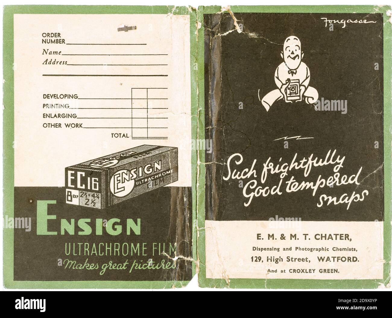 Old analogue photography - pre-digital. 1937 film processing wallet from Chemists' shop in Watford, UK. Stock Photo
