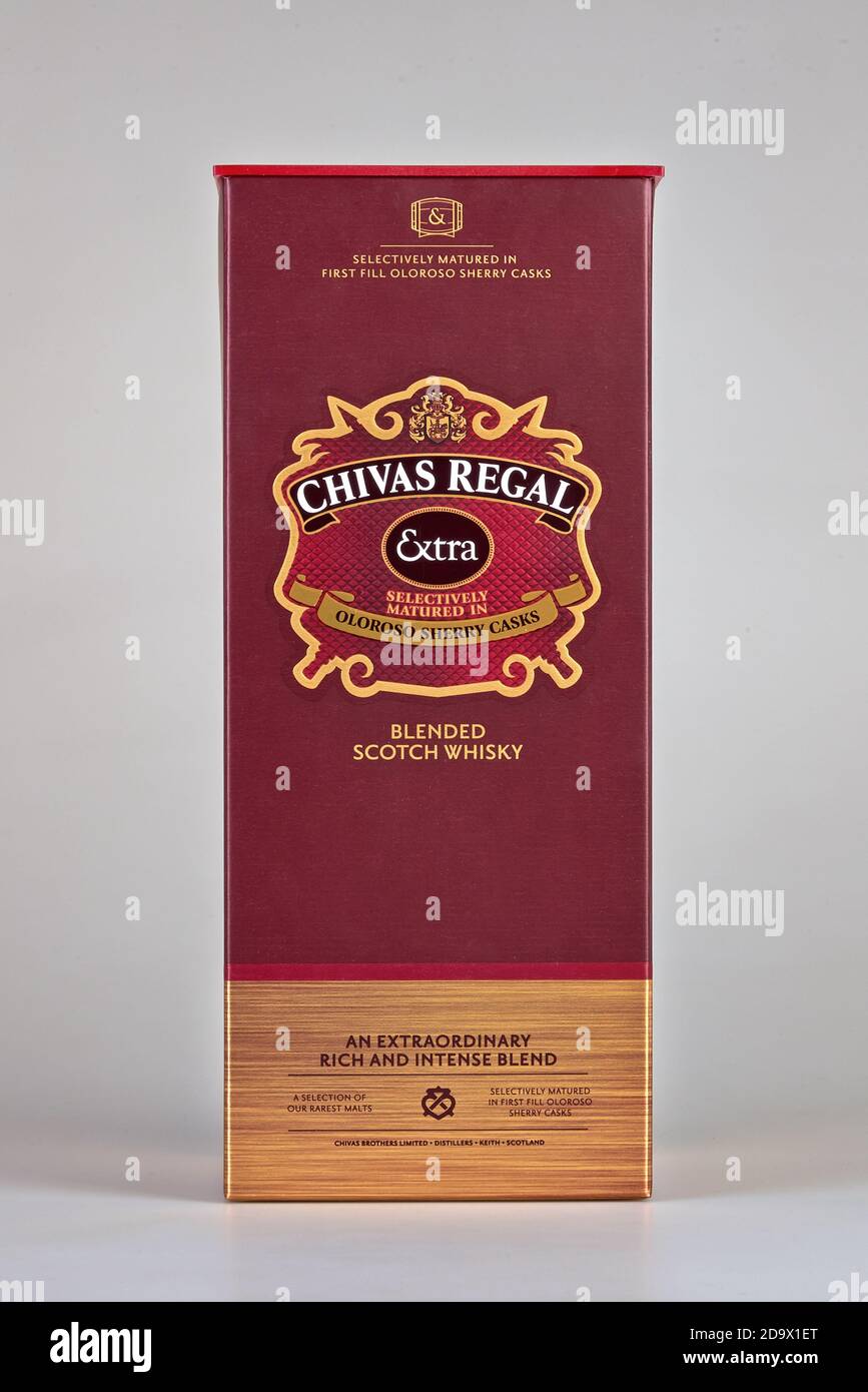 BRUSSELS, BELGIUM - NOVEMBER 07, 2020: Box of Chivas Regal blended Scotch whisky, selectively matured in first fill Oloroso Sherry casks Stock Photo