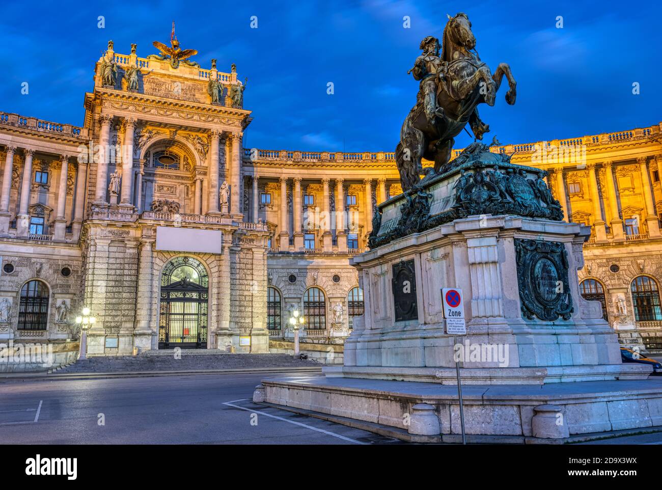 The Prinz Eugen Statue with part of the Hofburg in Vienna at night Stock Photo