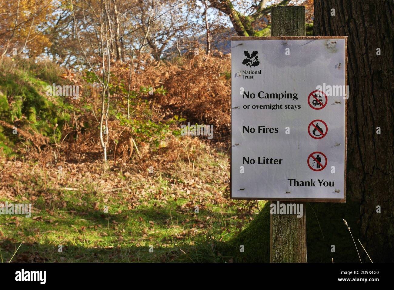 A National Trust No Camping/Fires/Litter Sign, Ullswater, Lake District National Park, Cumbria, England, United Kingdom Stock Photo