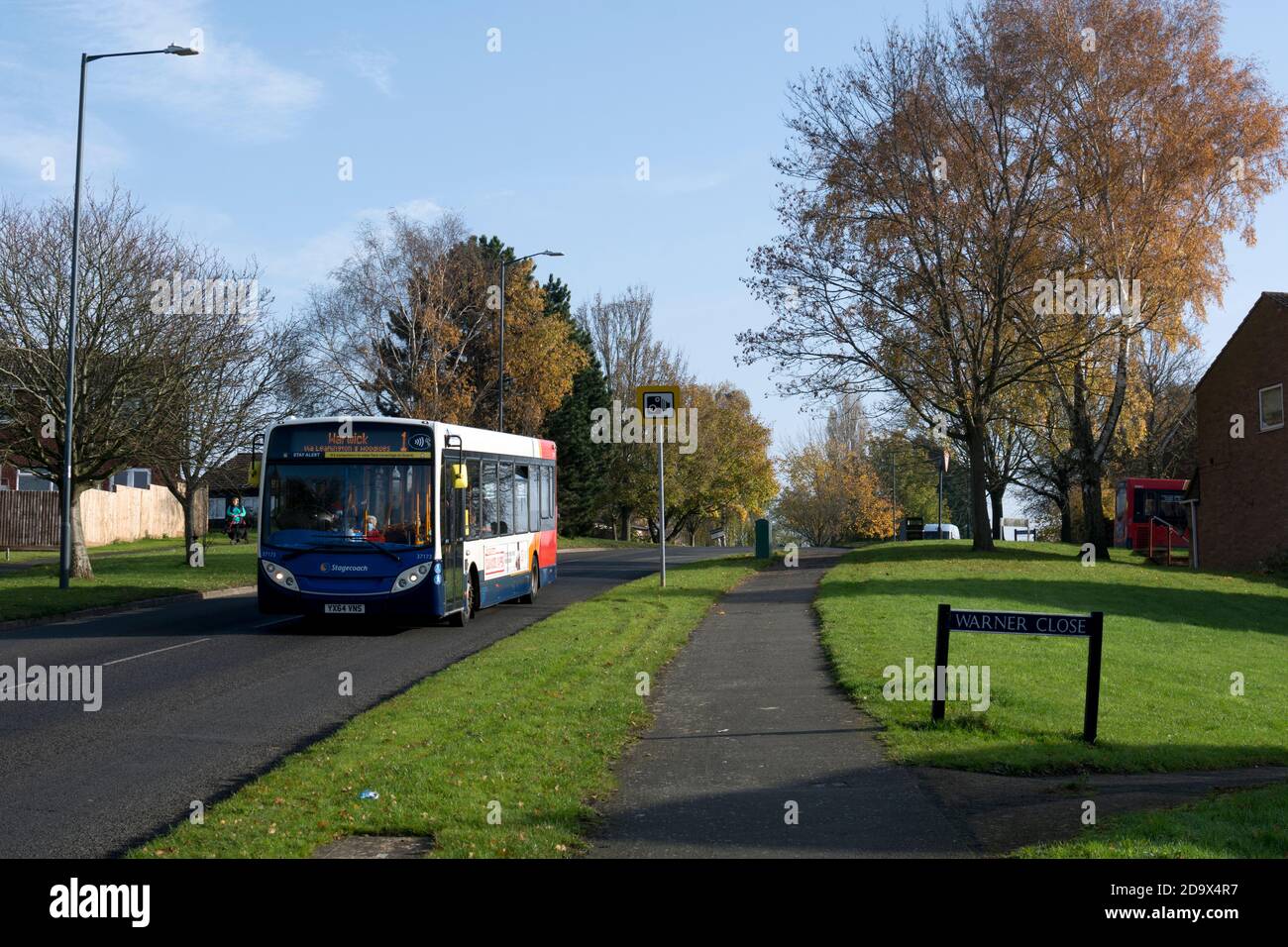 A Stagecoach local bus service in autumn, Woodloes Park Estate, Warwick, Warwickshire, England, UK Stock Photo
