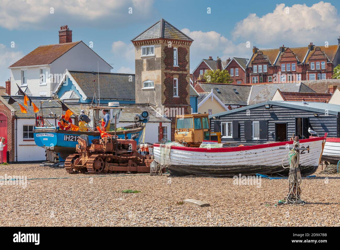 view of Aldeburgh seafront shingle beach and fishing boats aldeburgh suffolk uk Stock Photo