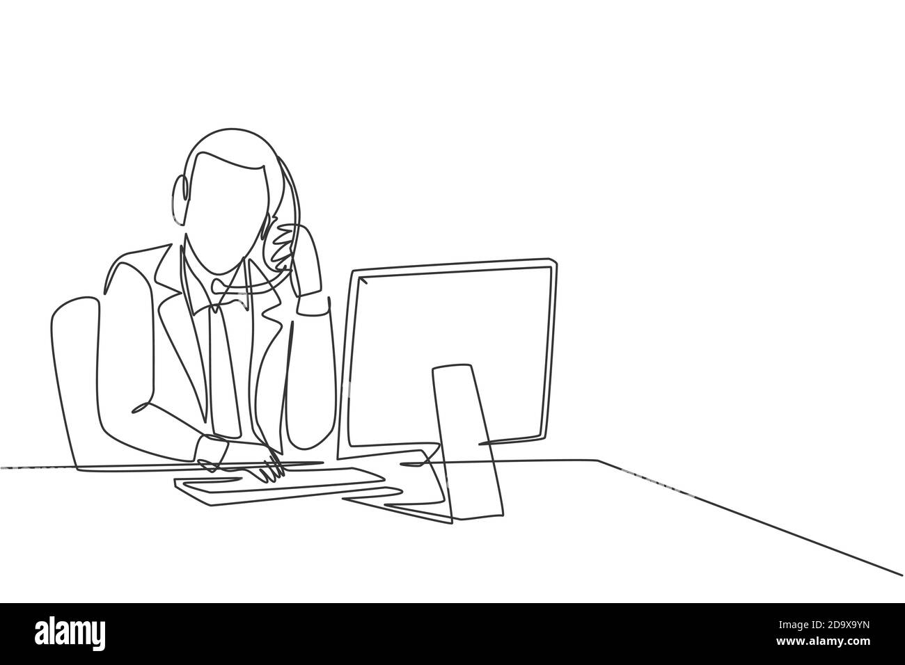 One continuous line drawing of young male customer service remove the ...