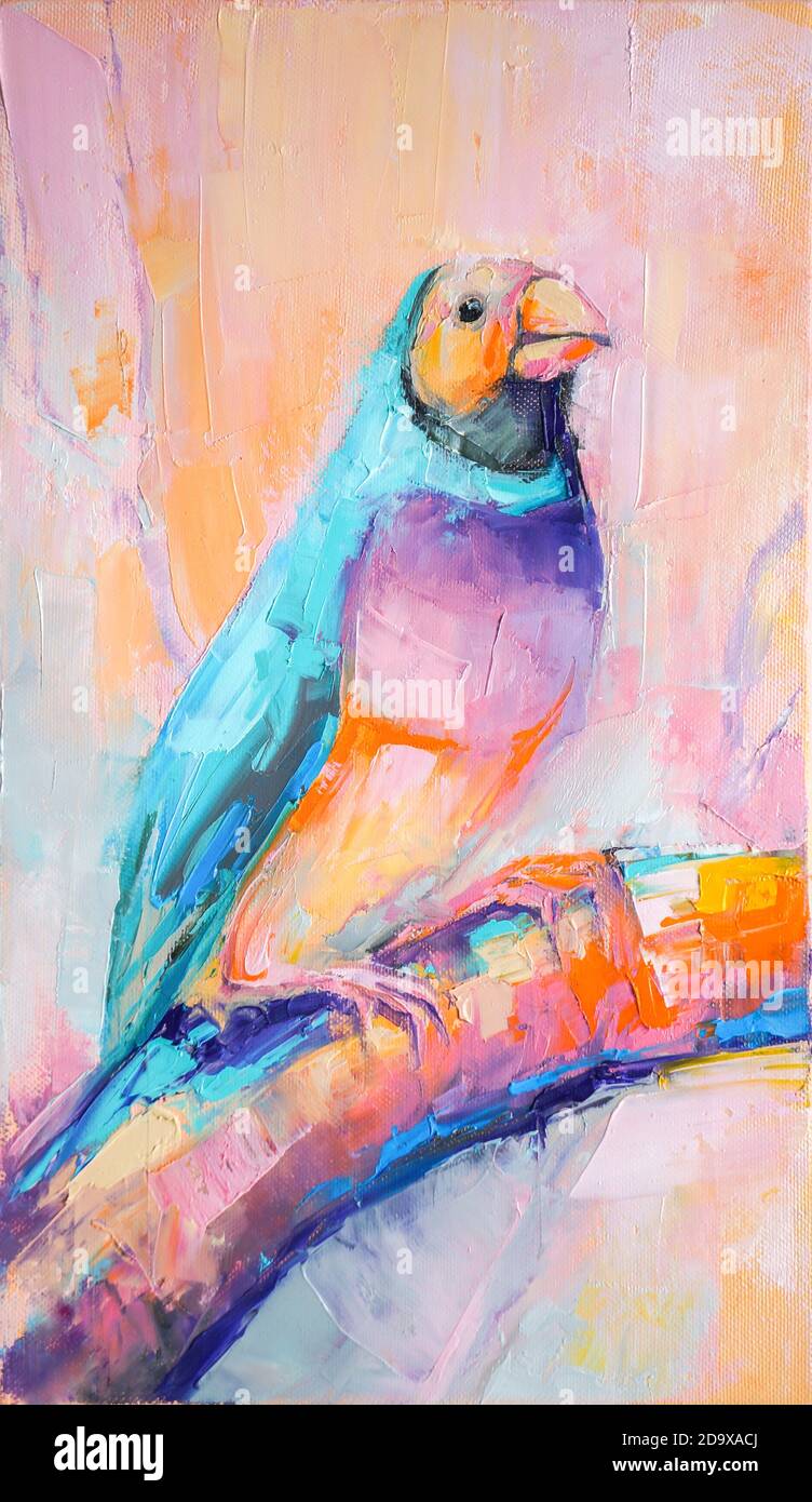 Oil bird portrait painting in multicolored tones. Conceptual abstract