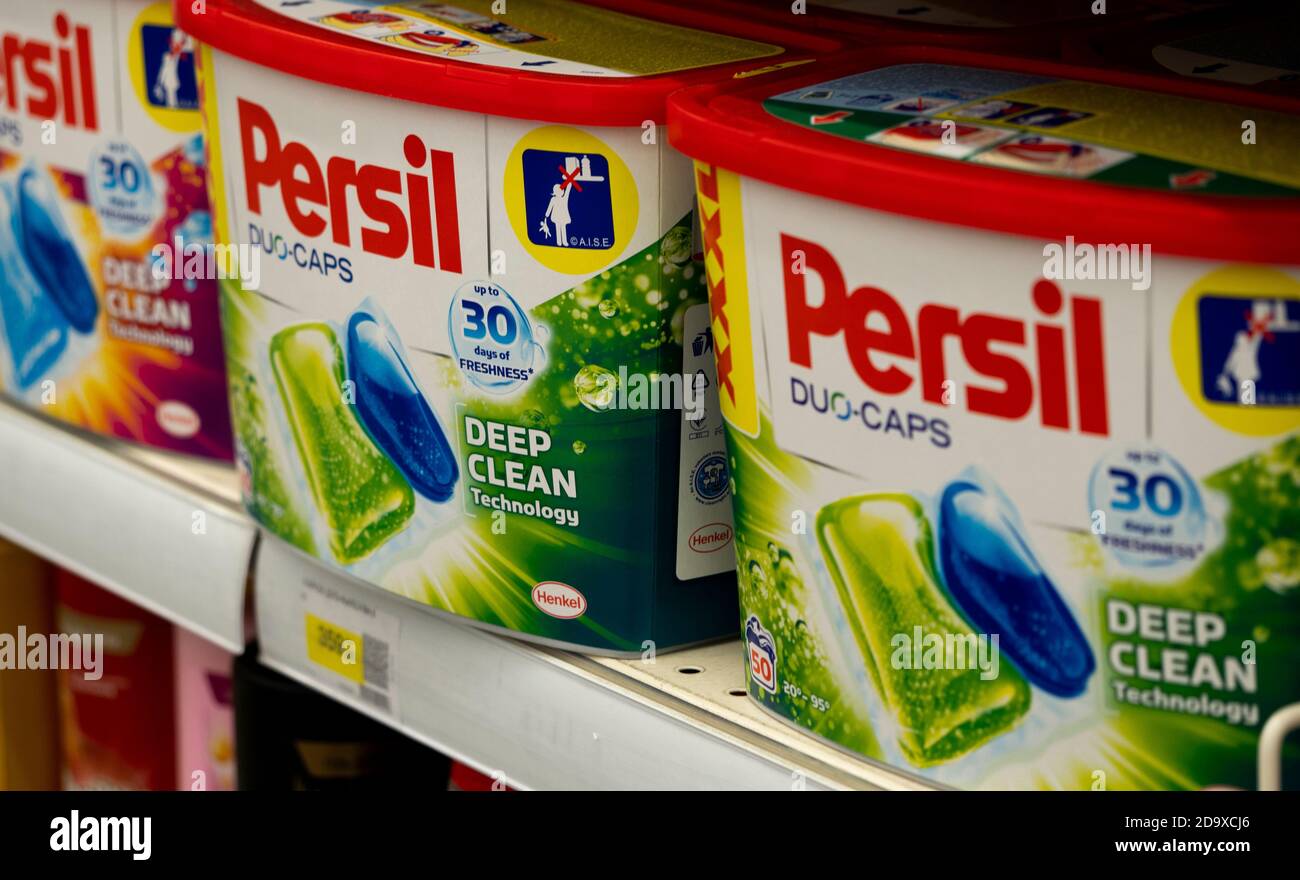 Plastic boxes of Persil Duo-Caps in the store. This detergent is  manufactured by the German company Henkel Stock Photo - Alamy