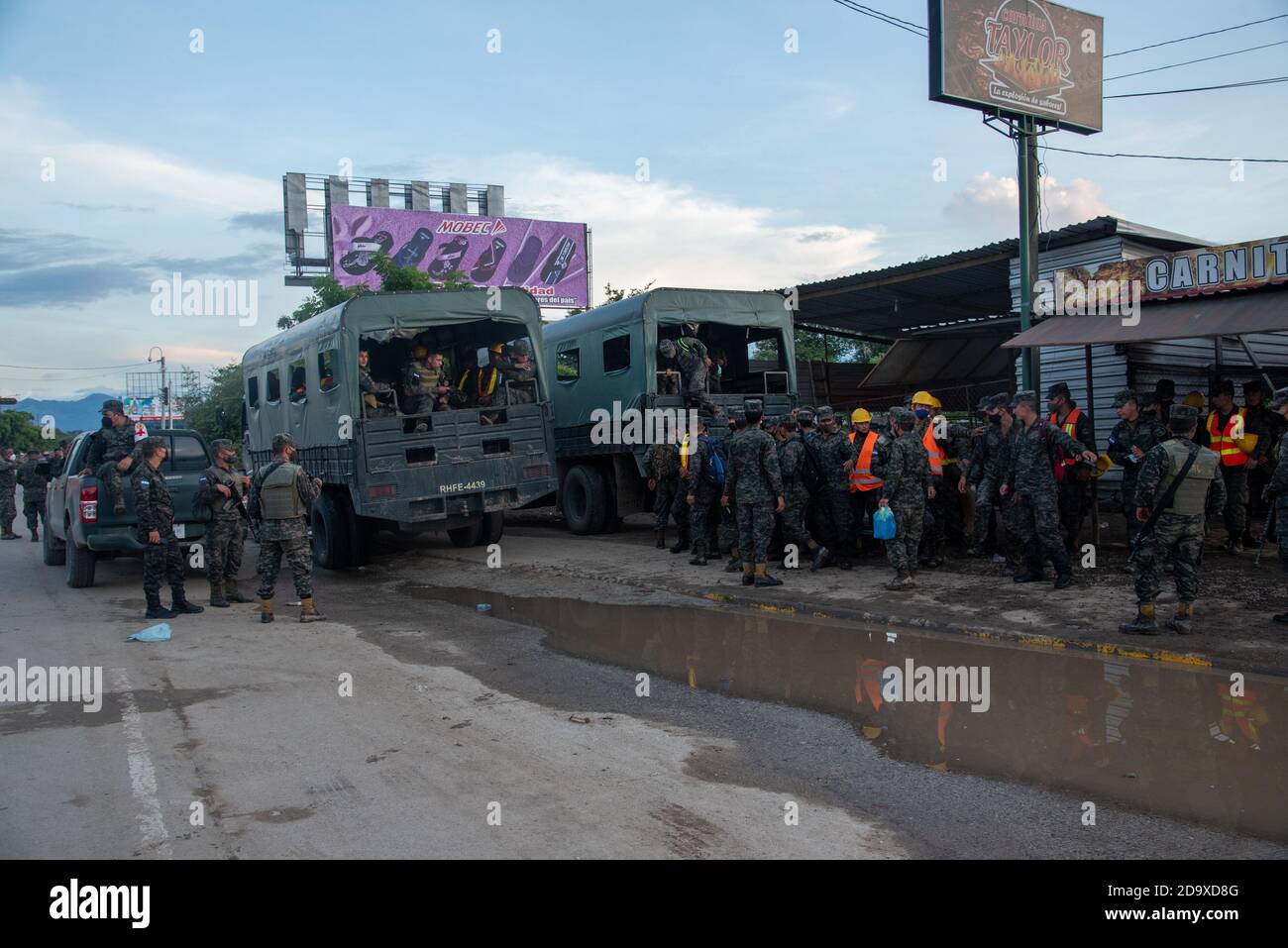 Honduran military prepare for rescue missions into La Lima, a community still underwater from the flooding of Hurricane Eta as many are still missing.In the aftermath of Hurricane Eta, hundreds of thousands of people have been displaced due to flooding. Stock Photo