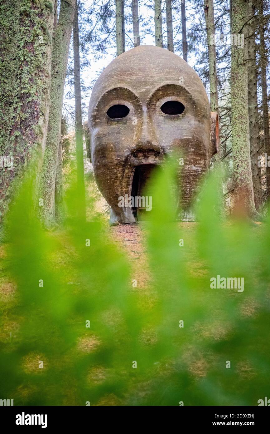 The Silvas Capitalis, wooden head sculpture, Kielder, Northumberland