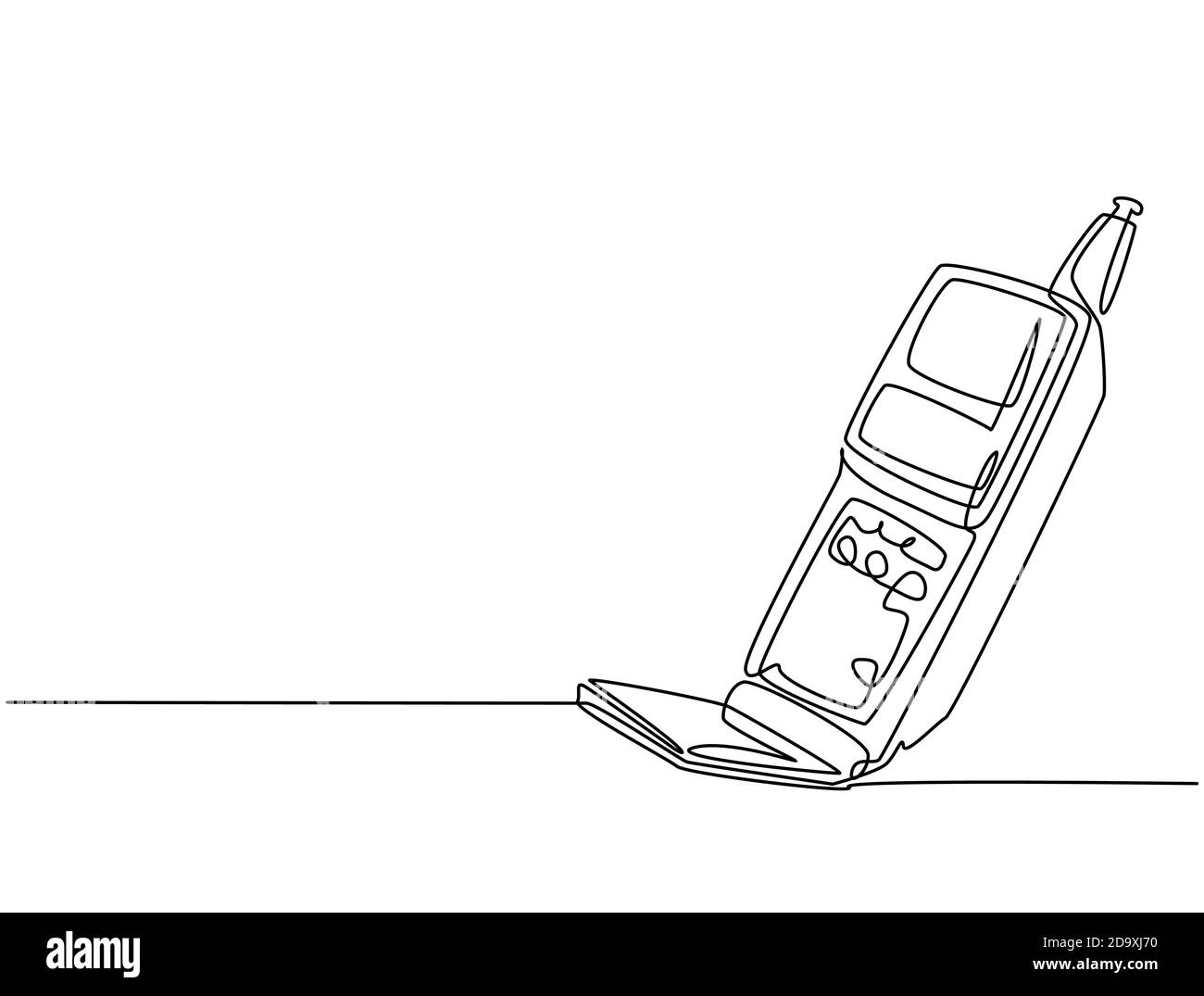 One single line drawing old retro flip cellular phone. Vintage classic