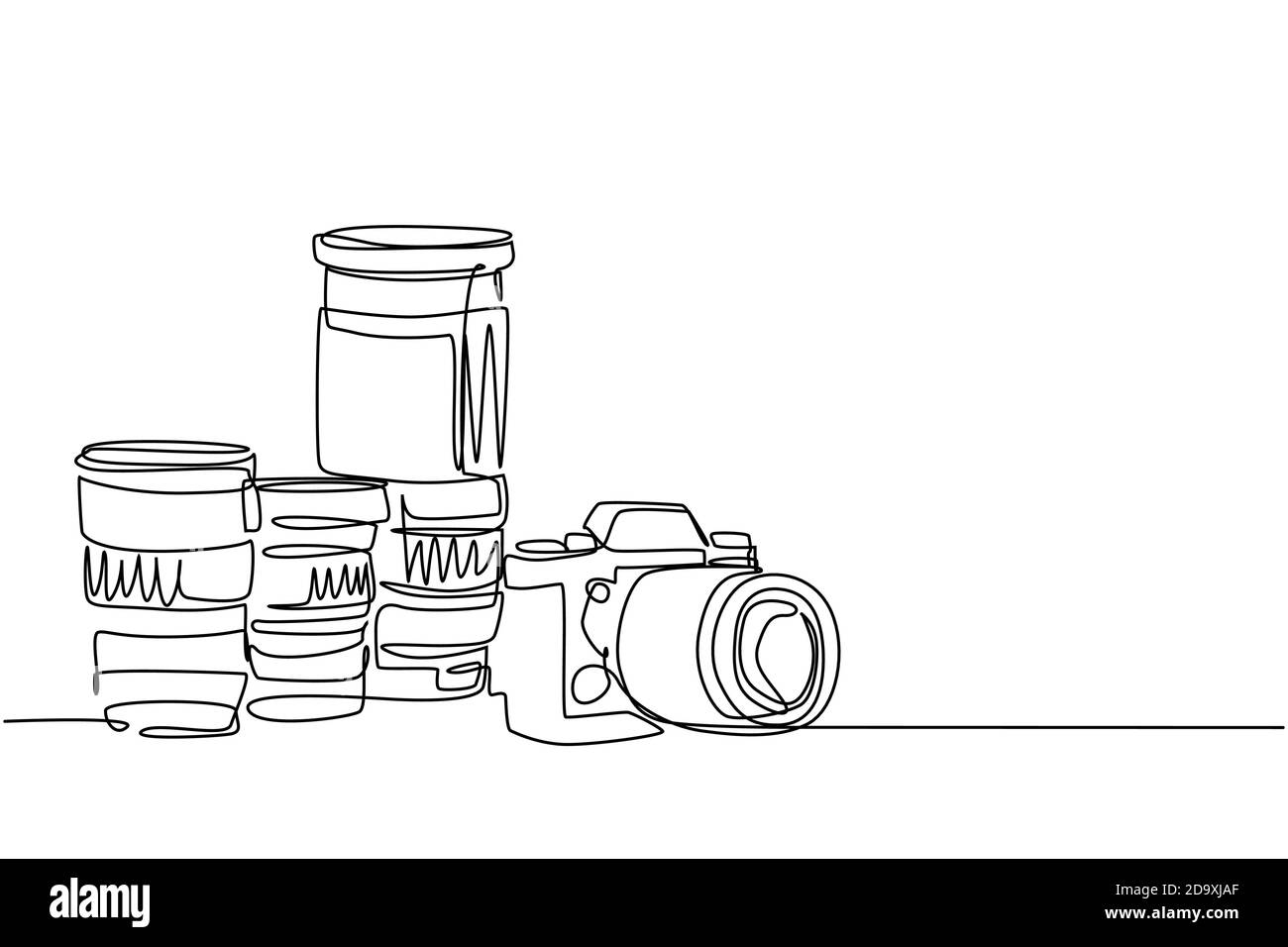 One single line drawing of old retro analog slr camera with set of telephoto and wide lenses. Vintage classic photography equipment concept Stock Vector