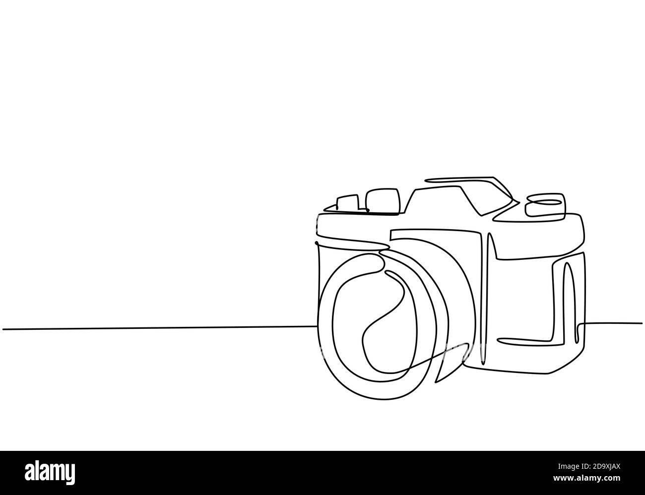 One single line drawing of old retro analog slr camera with telephoto lens. Vintage classic photography equipment concept continuous line draw graphic Stock Vector