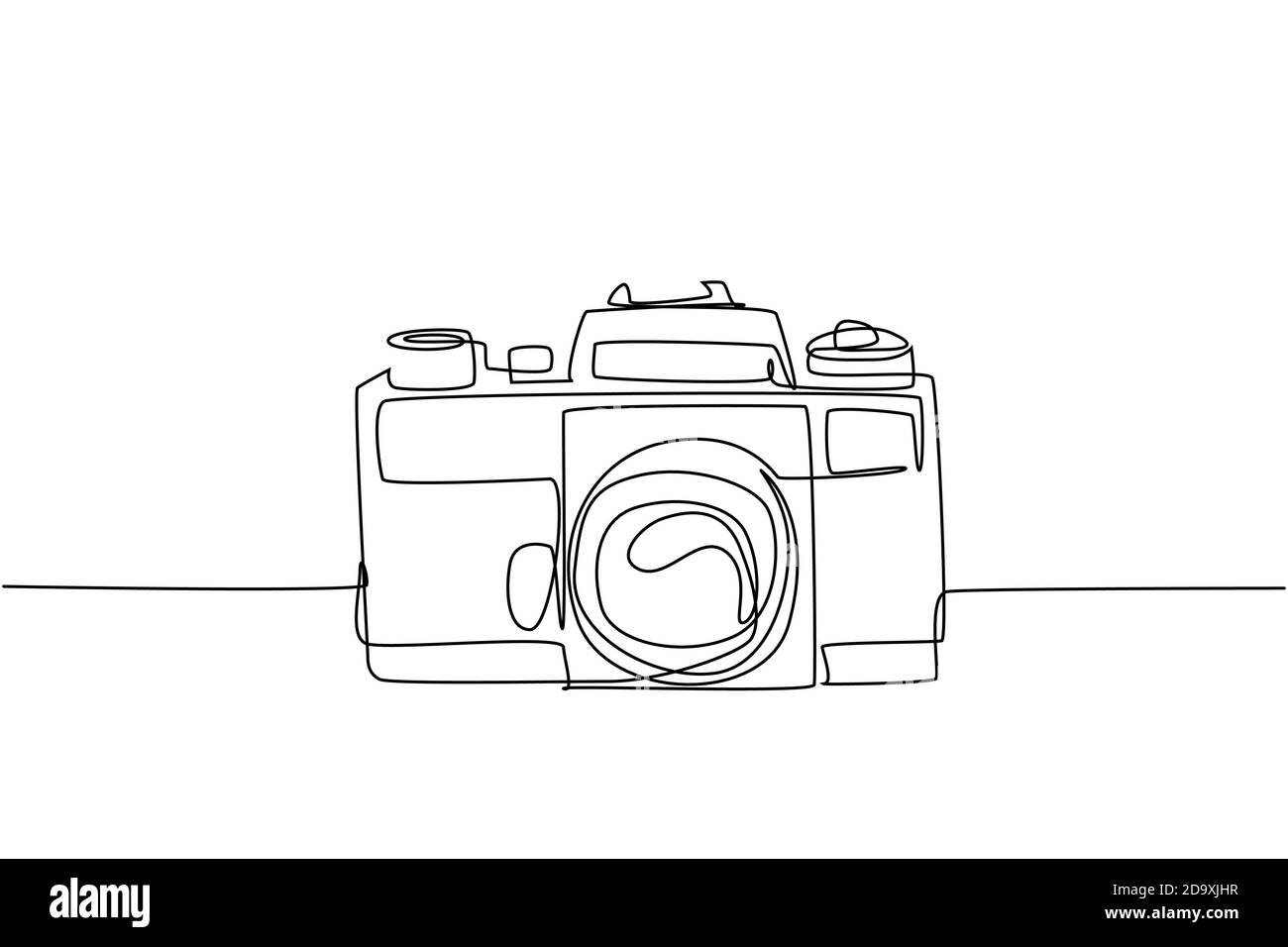 One continuous line drawing of old retro analog slr camera, front view