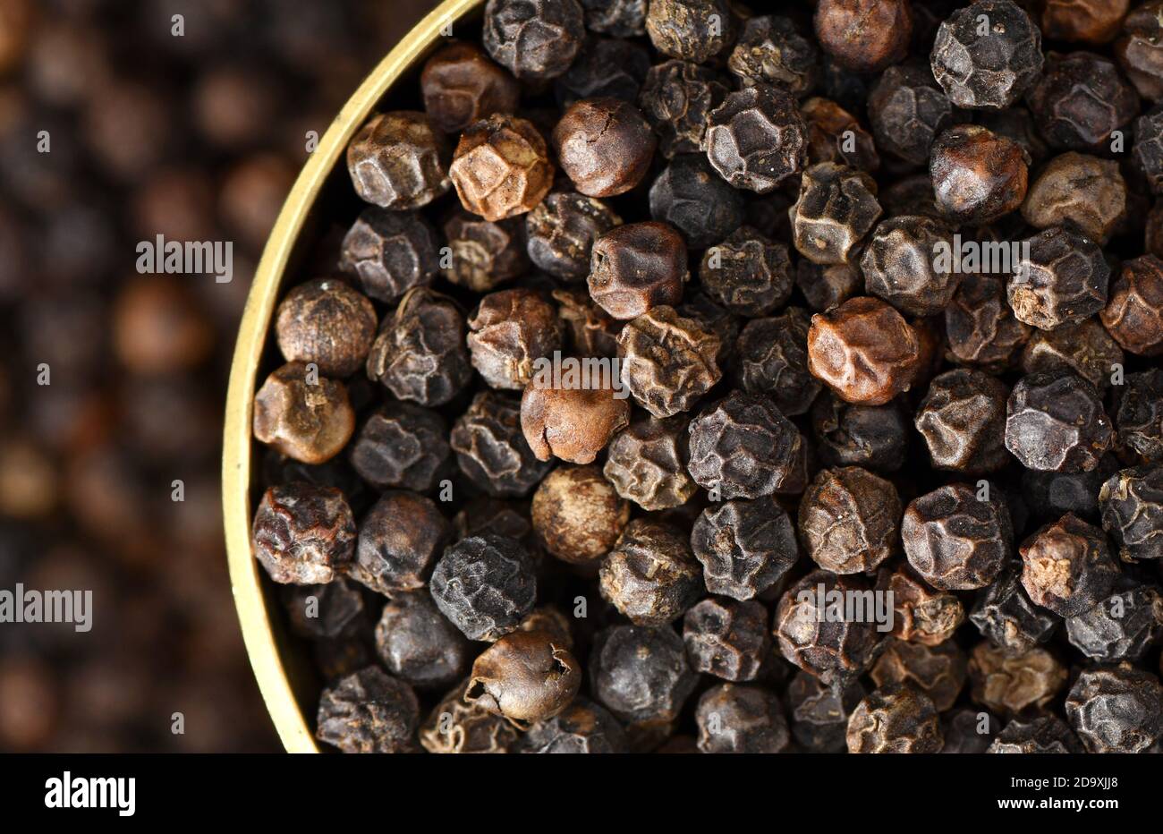 Close up one bowl full of black pepper peppercorns. Black pepper “king of spices”  is one of the most commonly used spices worldwide. black gold Stock Photo