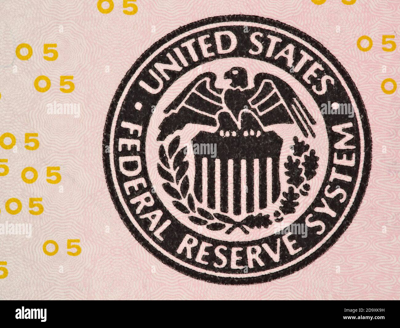 Seal of the Federal Reserve System on the us  5 dollar bill macro, united states money closeup Stock Photo