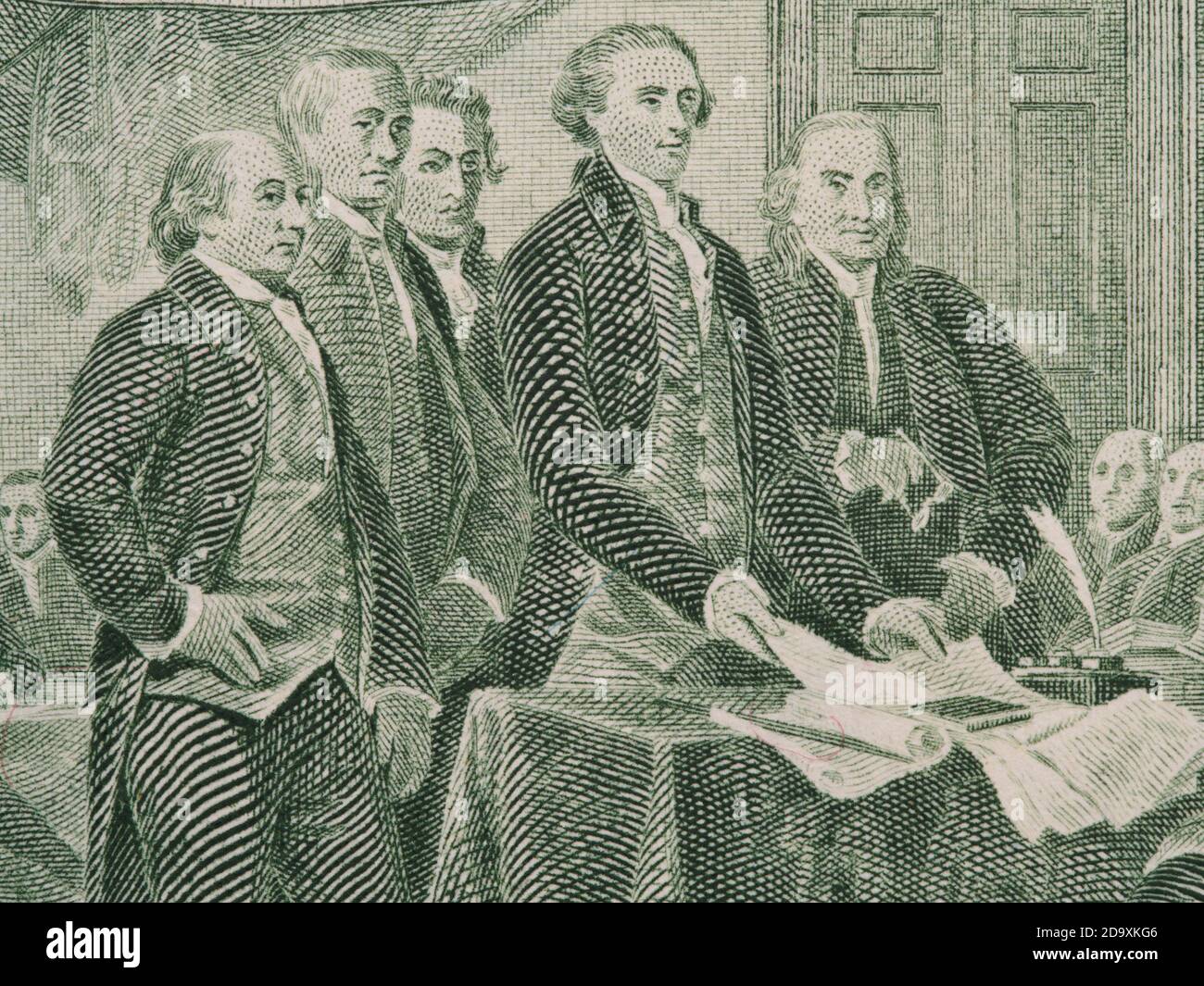 Signing  declaration of independence from us two dollar bill macro, united states money closeup Stock Photo