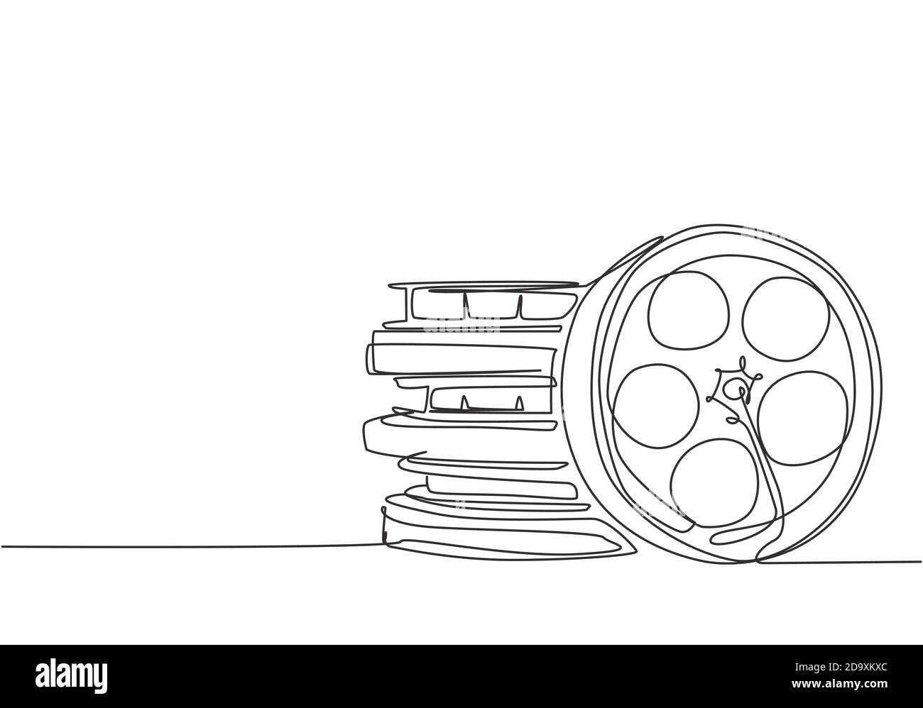 Single continuous line drawing stack of retro old classic cinema video film reels. Vintage movie frame filmstrip item concept one line draw design Stock Vector