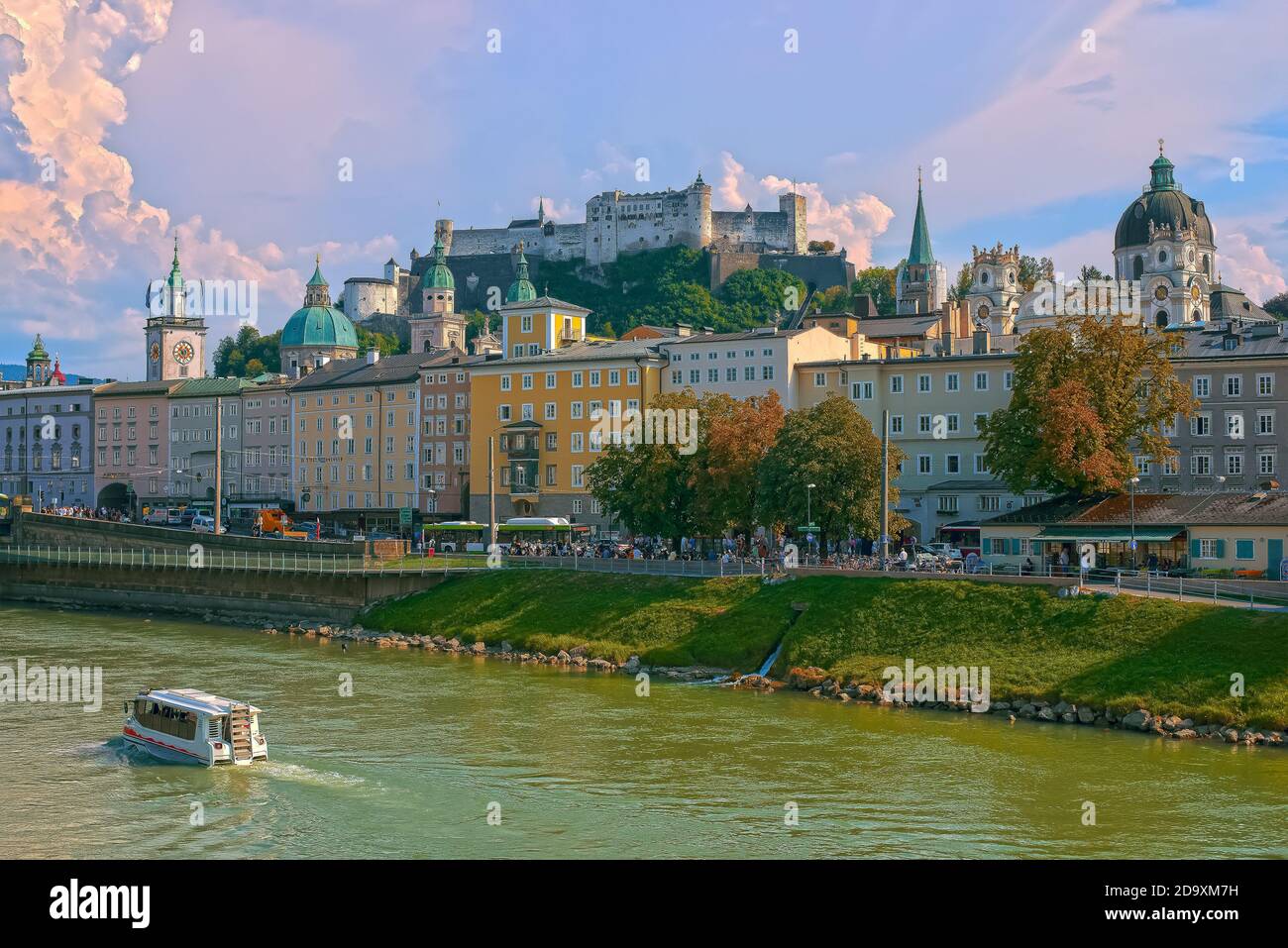 Salzburg skyline with Festung Hohensalzburg and Salzach river in summer, Salzburg, Salzburger Land, Austria Stock Photo