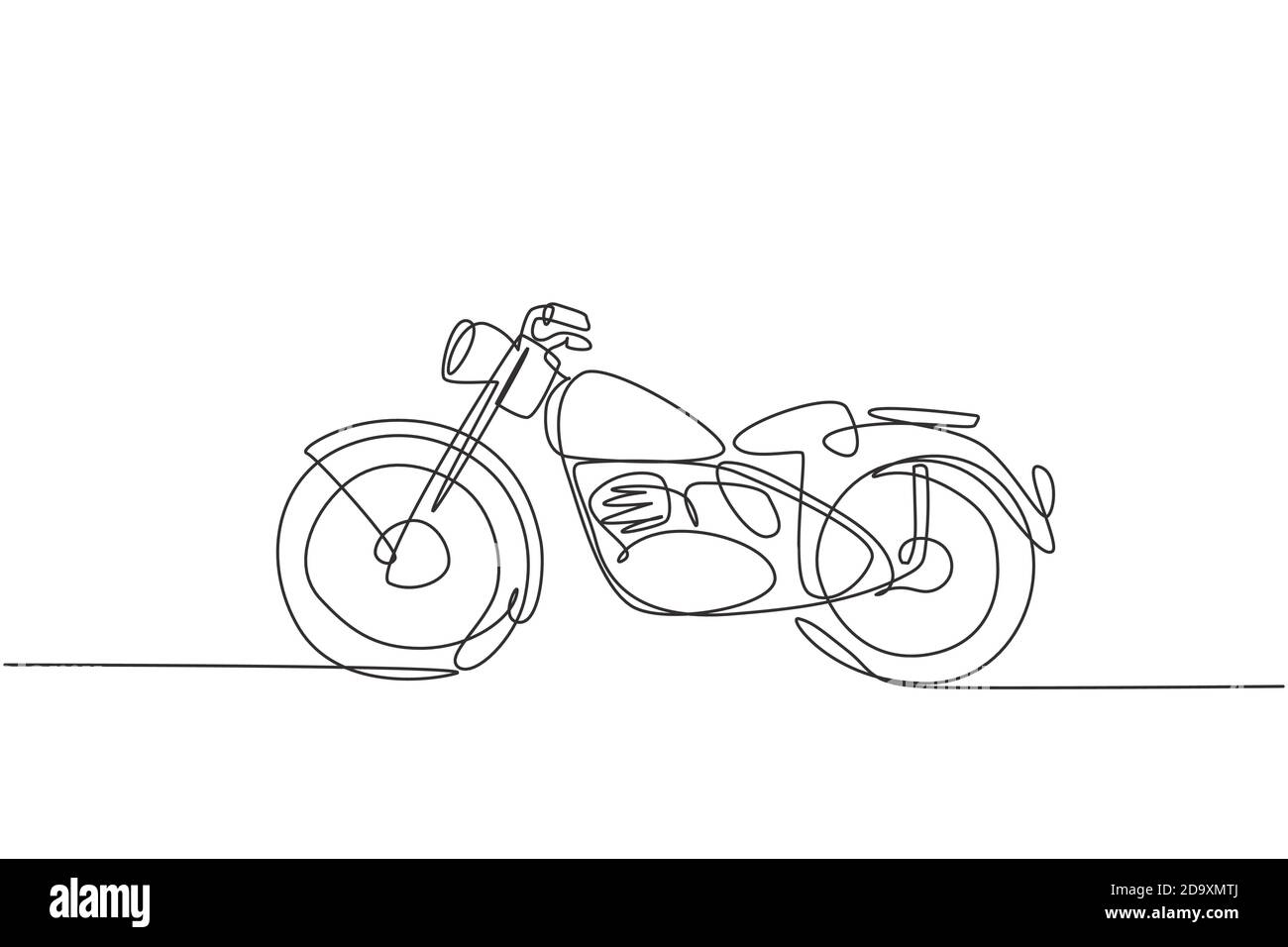 Single continuous line drawing of classic motorbike logo. Rural