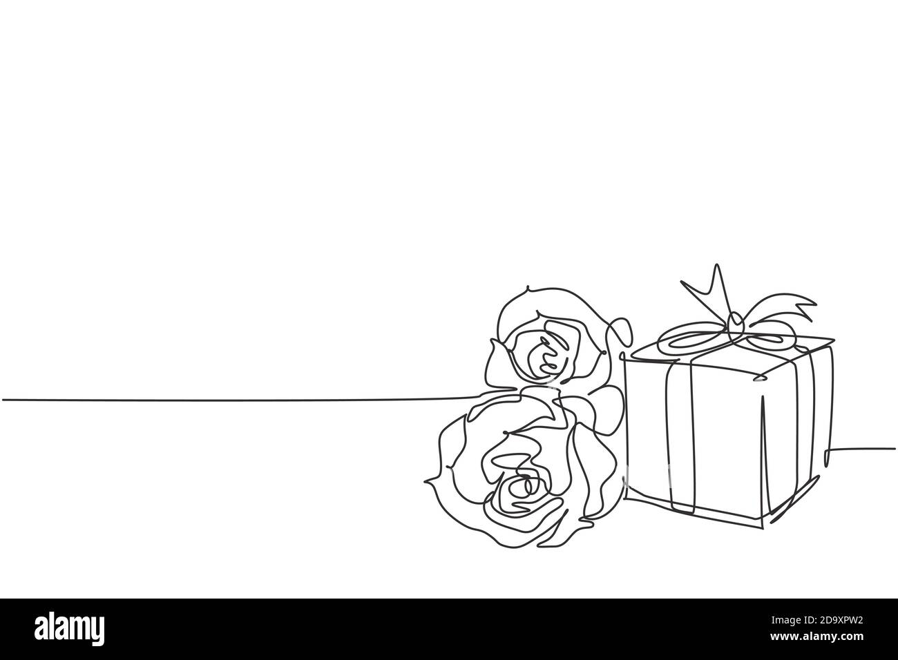 One line drawing of minimalist designs of roses and gifts. Vector  illustrations for posters, banners and wallpaper simple templates of  elegant continuous line art. Stock Vector