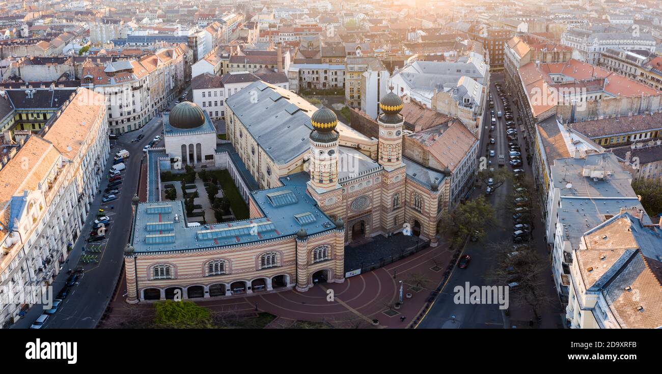 Europe Hungary Budapest Jewish sinagogue. Ariel view of the magnificent Dohany Street Synagogue. Holocaust monument. Sunrise aerial view scenic. Empty Stock Photo