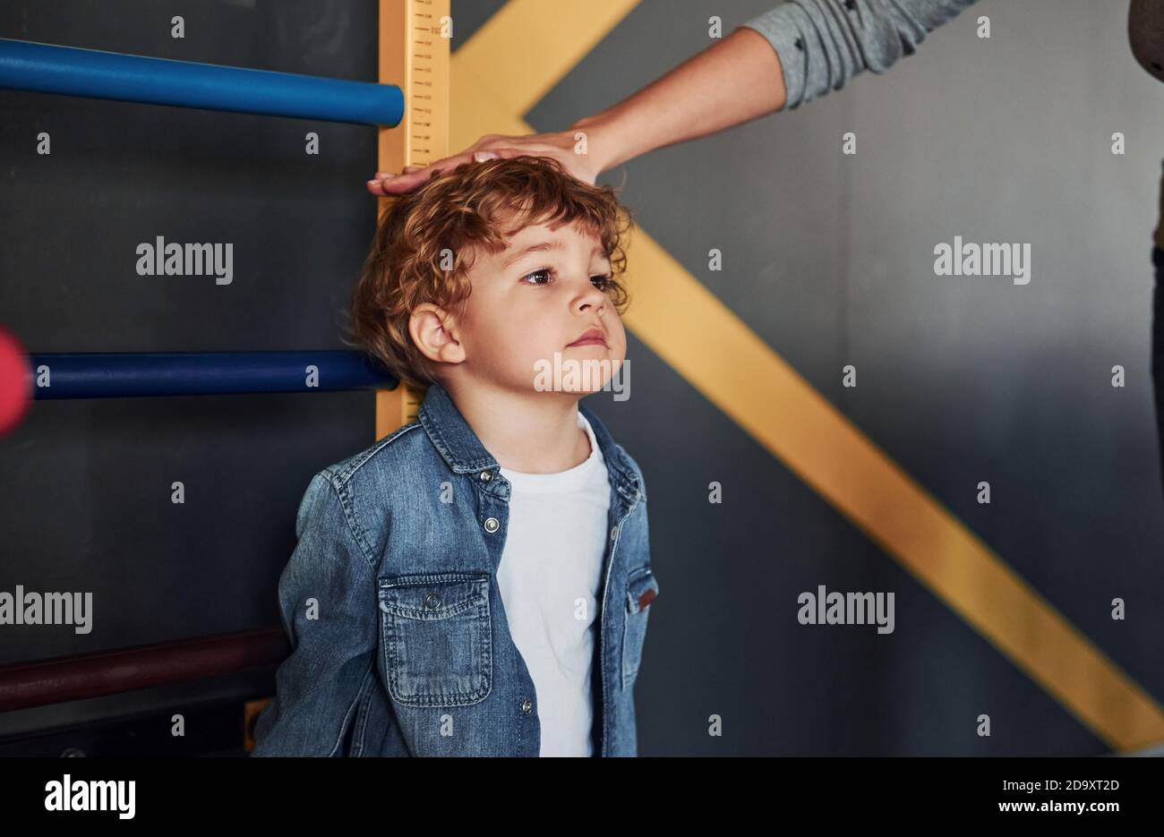 Teacher measuring kid's height indoors in kindergarten Stock Photo Alamy