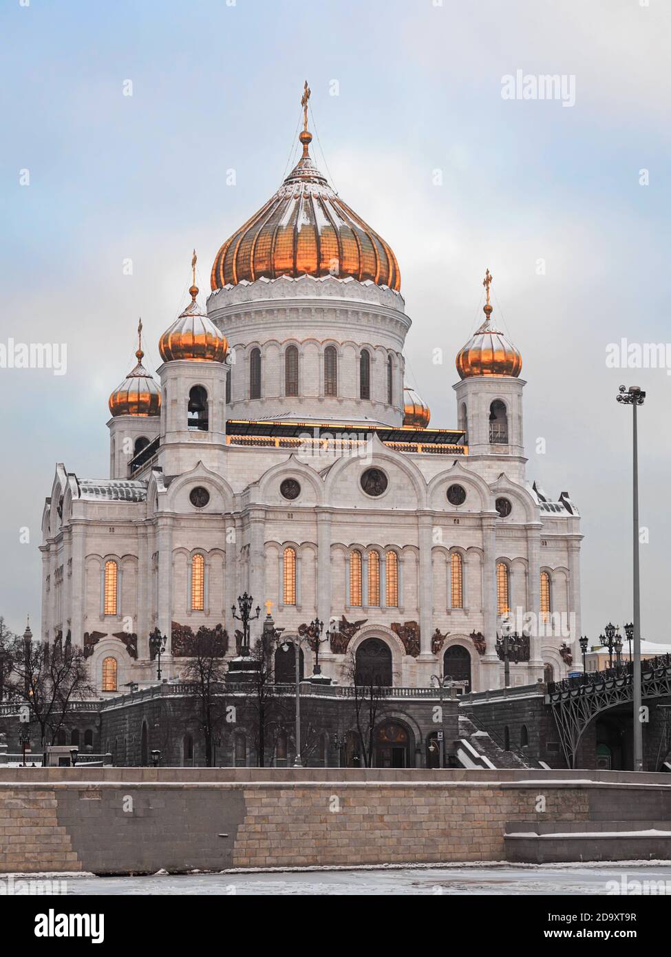 Moscow Cathedral of Christ the Savior and Moscow river at winter sunrise in Russia. Moscow cityscape, historical architecture and national Russian lan Stock Photo