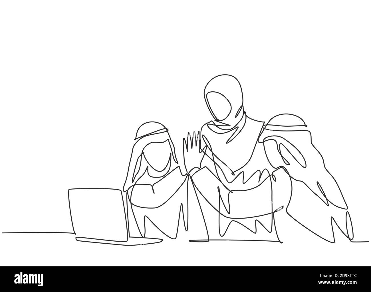One single line drawing of young happy muslim marketer giving high five ...