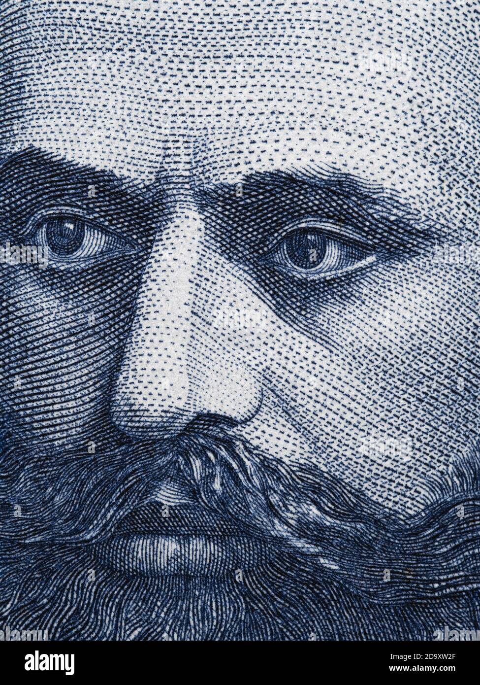 Theodor Herzl portrait on old Israeli 10 shekel banknote extreme macro, Israel money closeup. One of the founders of Zionism. Stock Photo