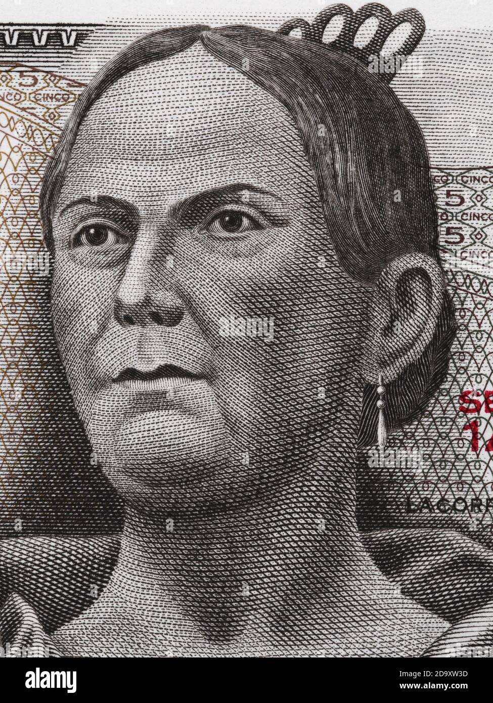 Josefa Ortiz de Dominguez portrait on on Mexico 5 pesos (1971) banknote  closeup macro, Mexican money close up Stock Photo - Alamy