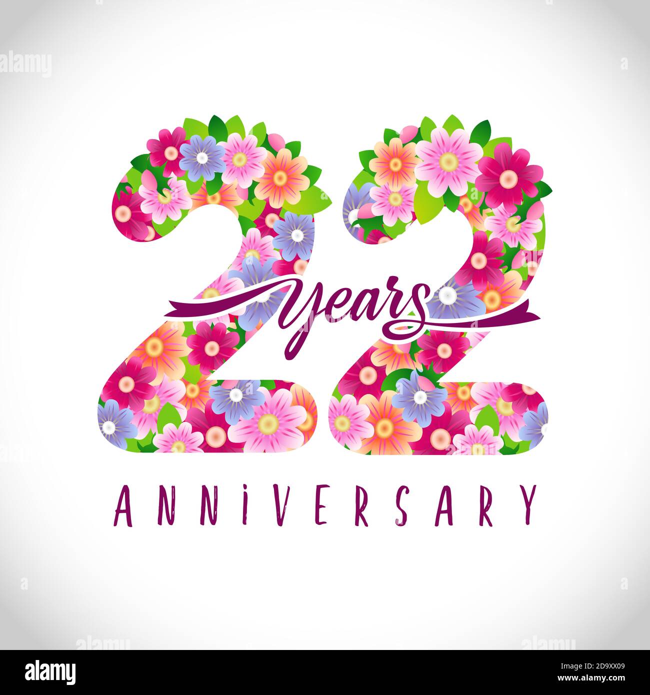 22nd anniversary numbers. 22 years old logotype. Floral pink congrats. Isolated abstract graphic design template. Cute creative sign, age digits Stock Vector