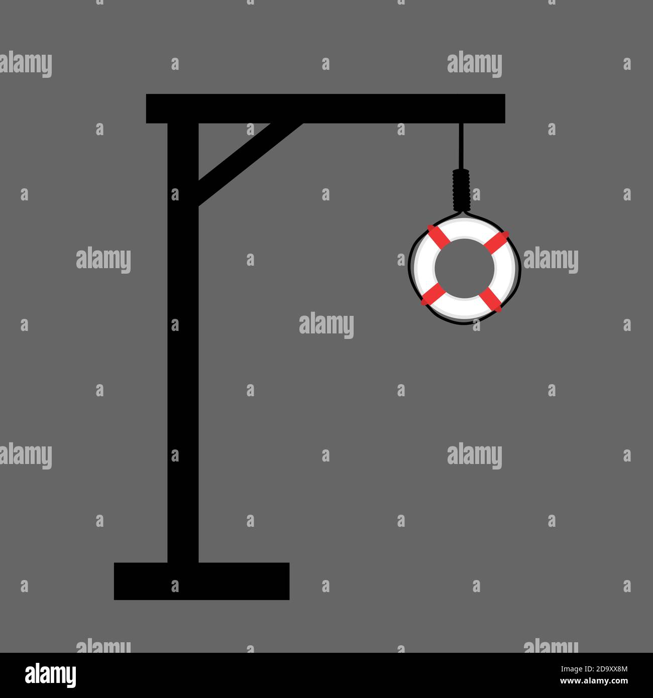 Gallows and gibbet with lifebuoy instead of noose. Prevention of death