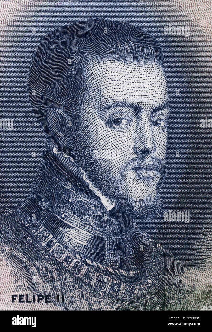 King Philip II of Spain portrait on Spanish 100 peseta (1925) banknote macro, money closeup. Stock Photo