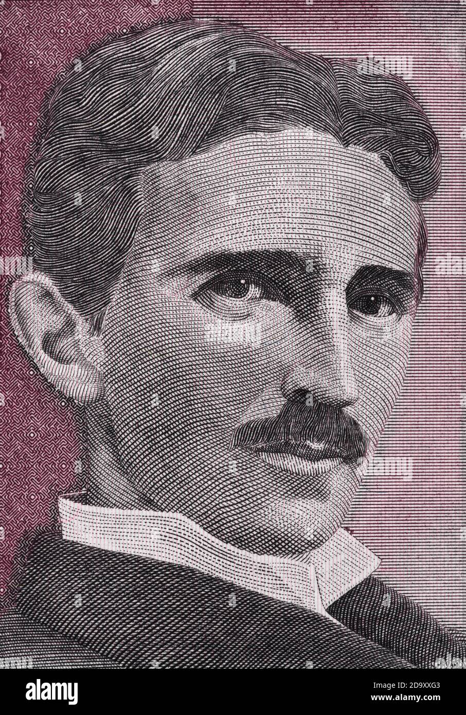Nikola Tesla portrait on Yugoslavia 5 dinars(1994) banknote close up ...