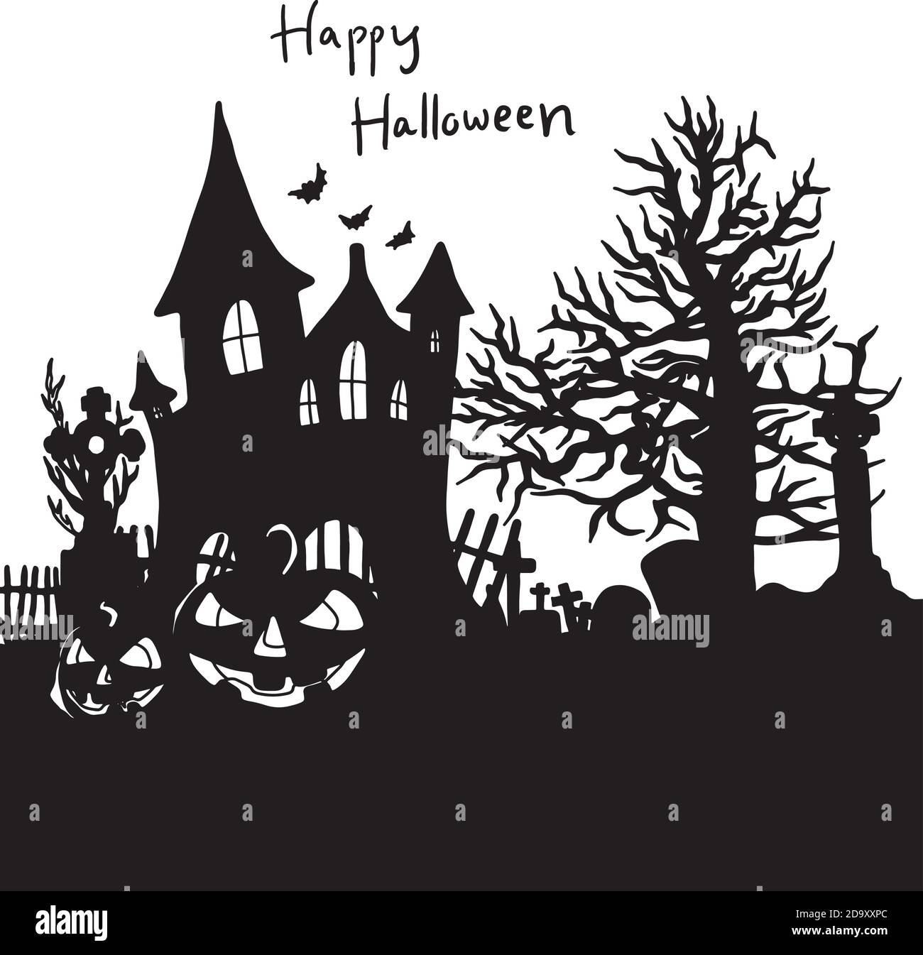 Halloween night background with silhouette castle vector illustration sketch doodle hand drawn with black lines isolated. Using for poster or any artw Stock Vector