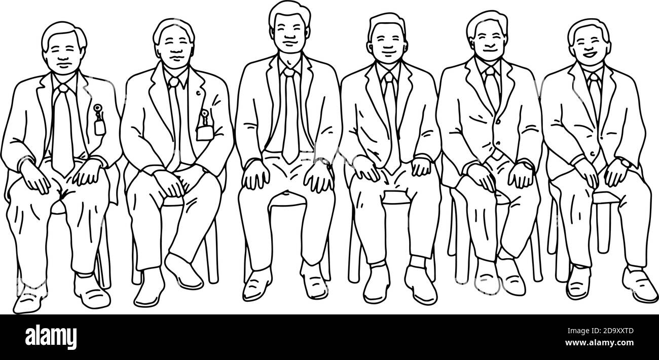 six businessmen sitting together vector illustration sketch doodle hand drawn isolated on white background. Teamwork business concept. Stock Vector