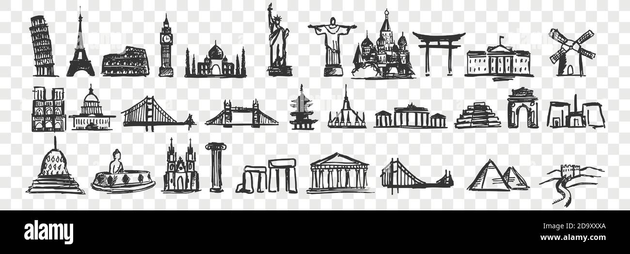 Hand drawn landmarks doodle set Stock Vector