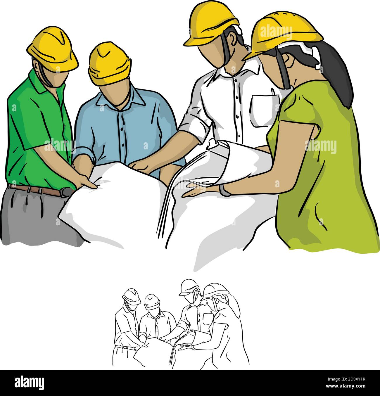 Four construction engineer working in construction site vector illustration sketch doodle hand drawn with black lines isolated on white background Stock Vector