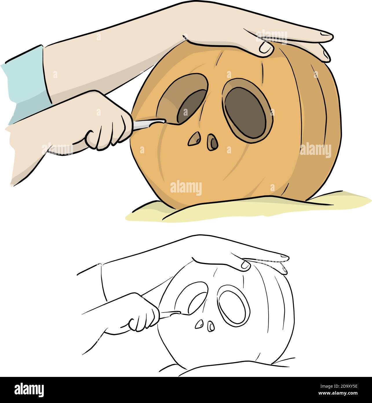 close-up hand carving pumpkin for Halloween vector illustration sketch doodle hand drawn with black lines isolated on white background Stock Vector