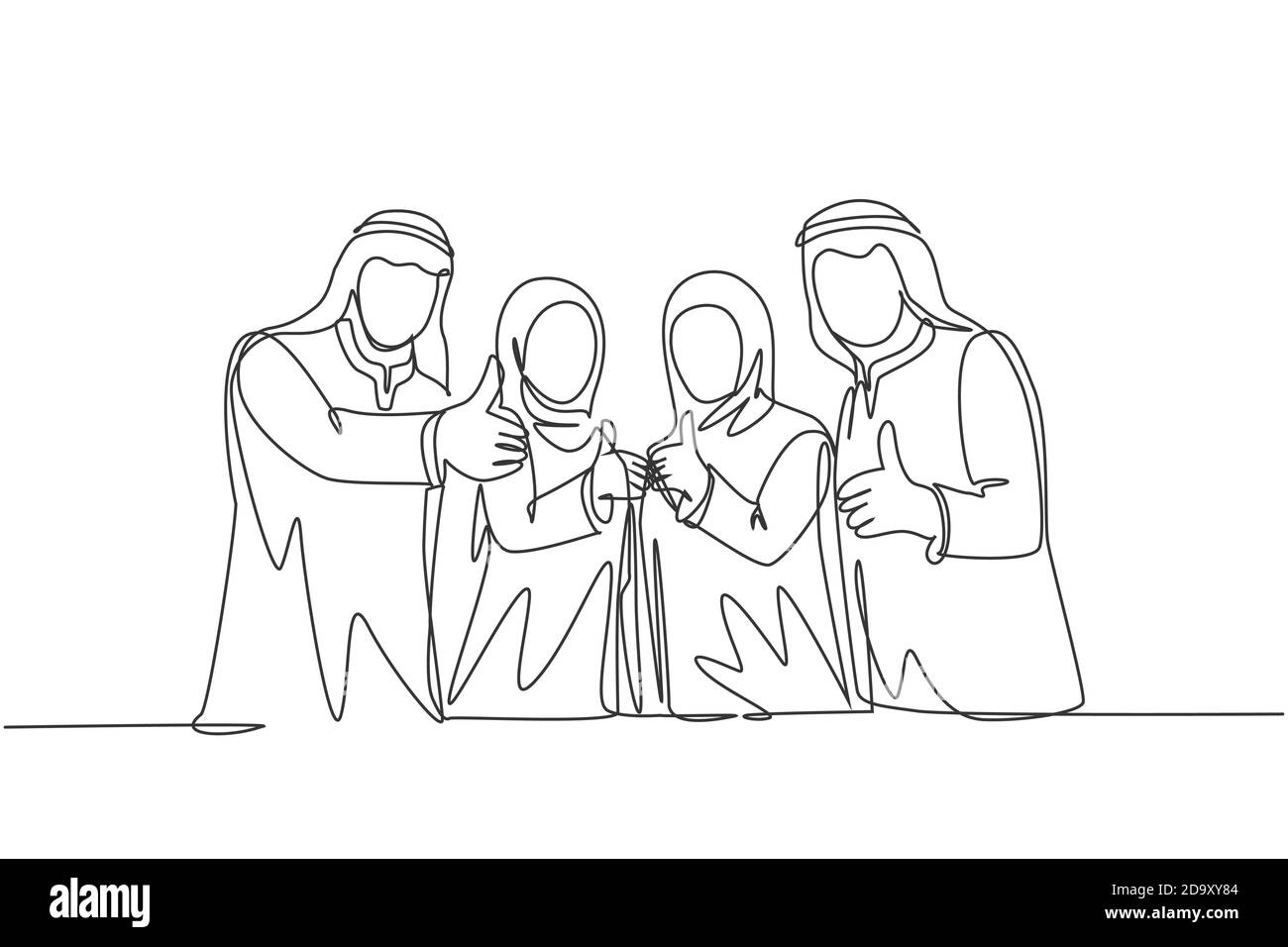 One single line drawing of young happy muslim businesspeople line up ...