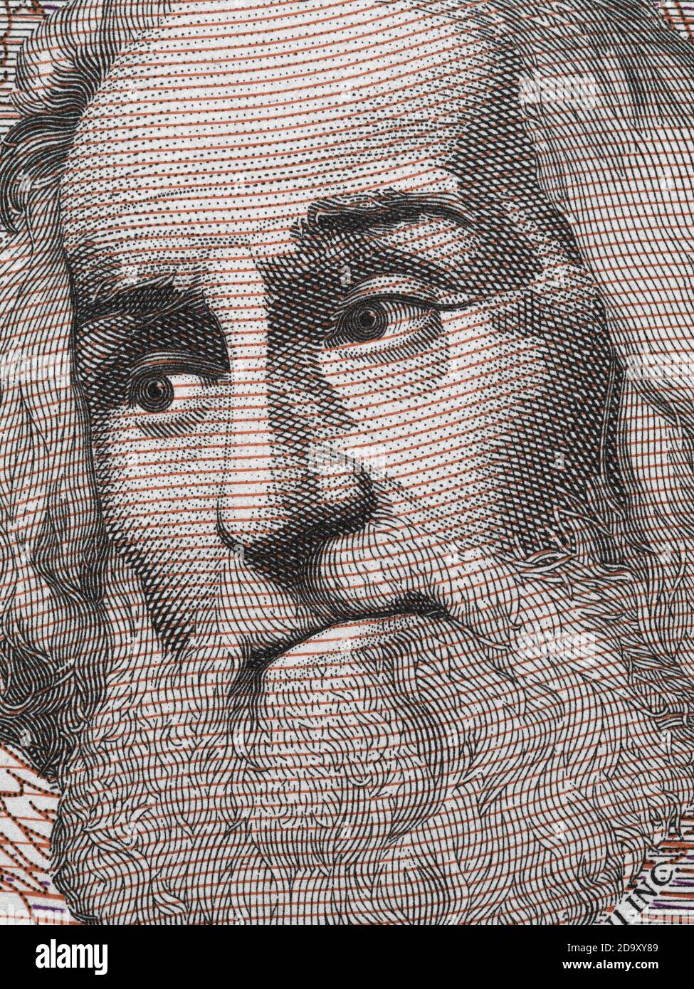 Marco Polo portrait on Italian 1000 Lire banknote closeup macro. Famous