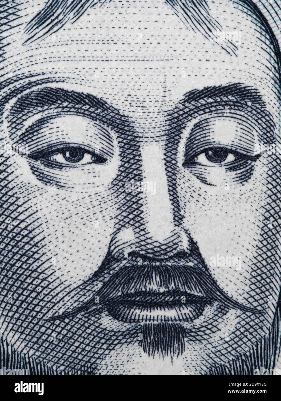 Genghis Khan portrait on Mongolia 1000 Tugrik banknote closeup macro