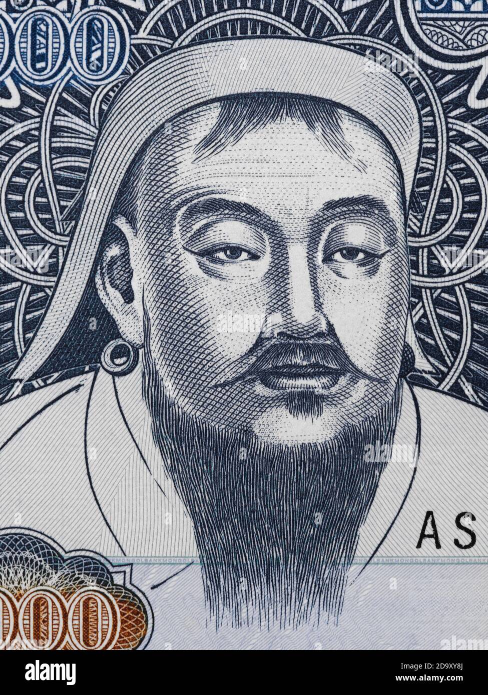 Genghis Khan portrait on Mongolia 1000 Tugrik banknote closeup macro