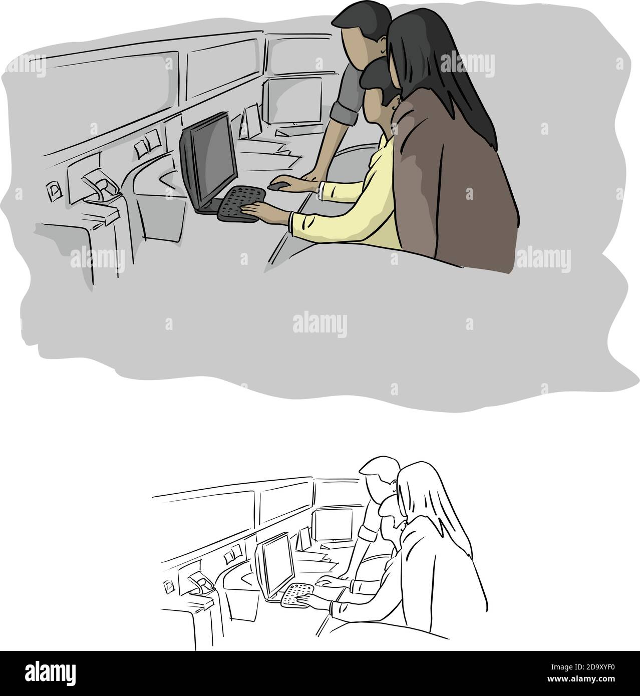 two people assisting a man in computer room vector illustration sketch ...