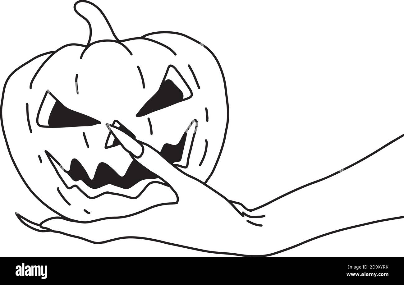 hand of evil with long nails holding Hallowen pumpkin vector illustration sketch doodle hand drawn with black lines isolated on white background Stock Vector