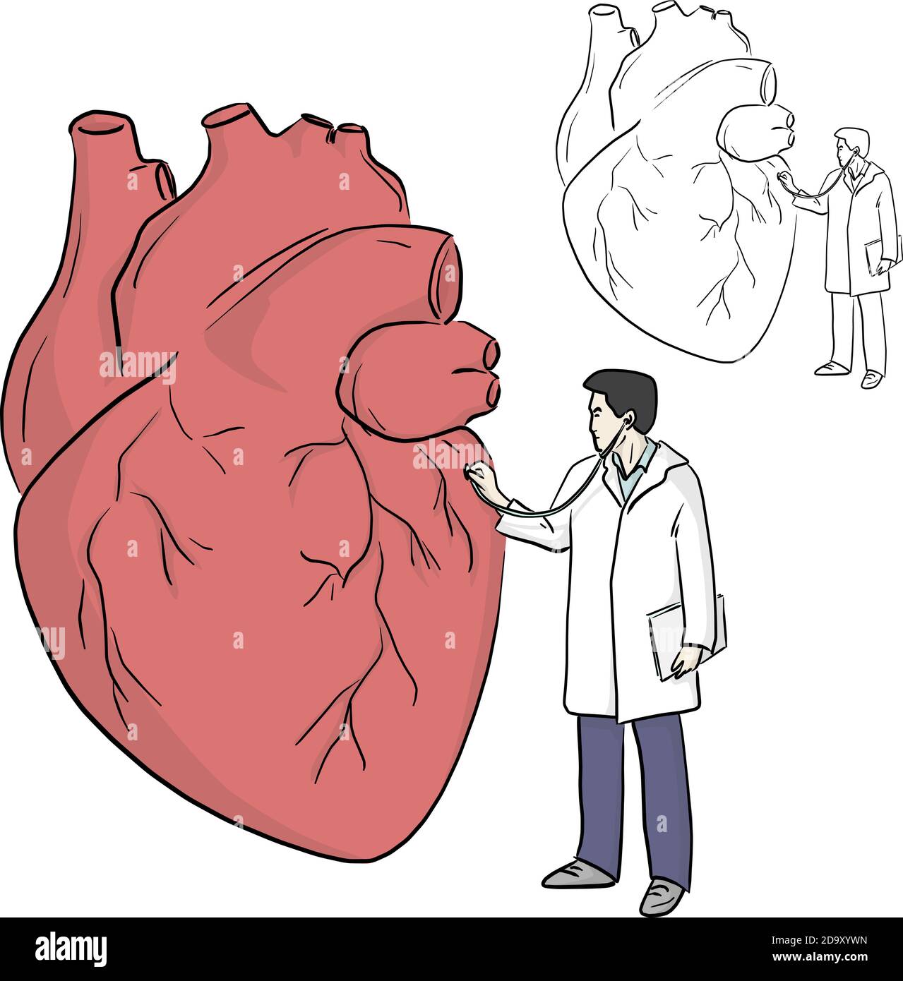 doctor using stethoscope to diagnose big heart vector illustration sketch  doodle hand drawn with black lines isolated on white background. health  conc Stock Vector Image & Art - Alamy
