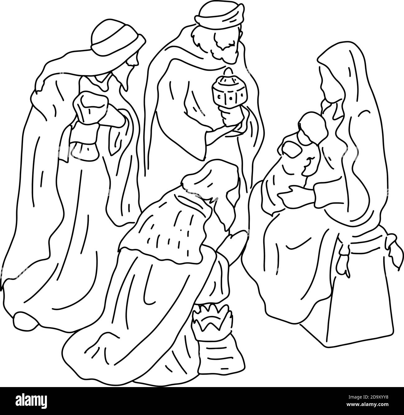 three wise men with Jesus and mary vector illustration sketch doodle hand drawn with black lines isolated on white background. Christmas holliday conc Stock Vector