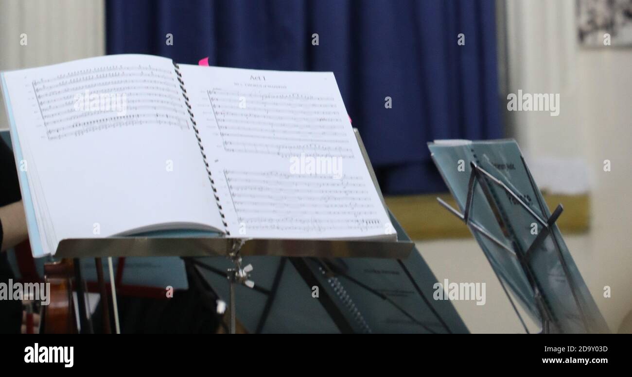 Music sheets on a stand Stock Photo