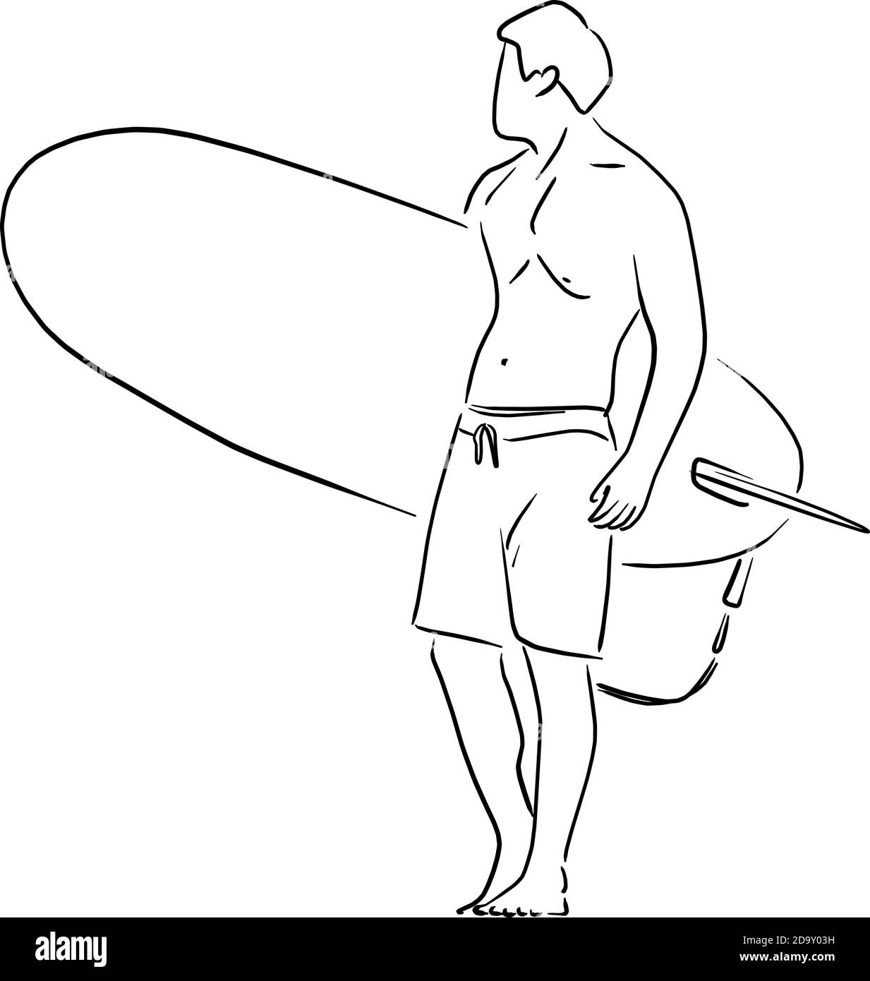 Men in shorts holding surfboard vector illustration sketch doodle hand drawn with black lines isolated on white background Stock Vector