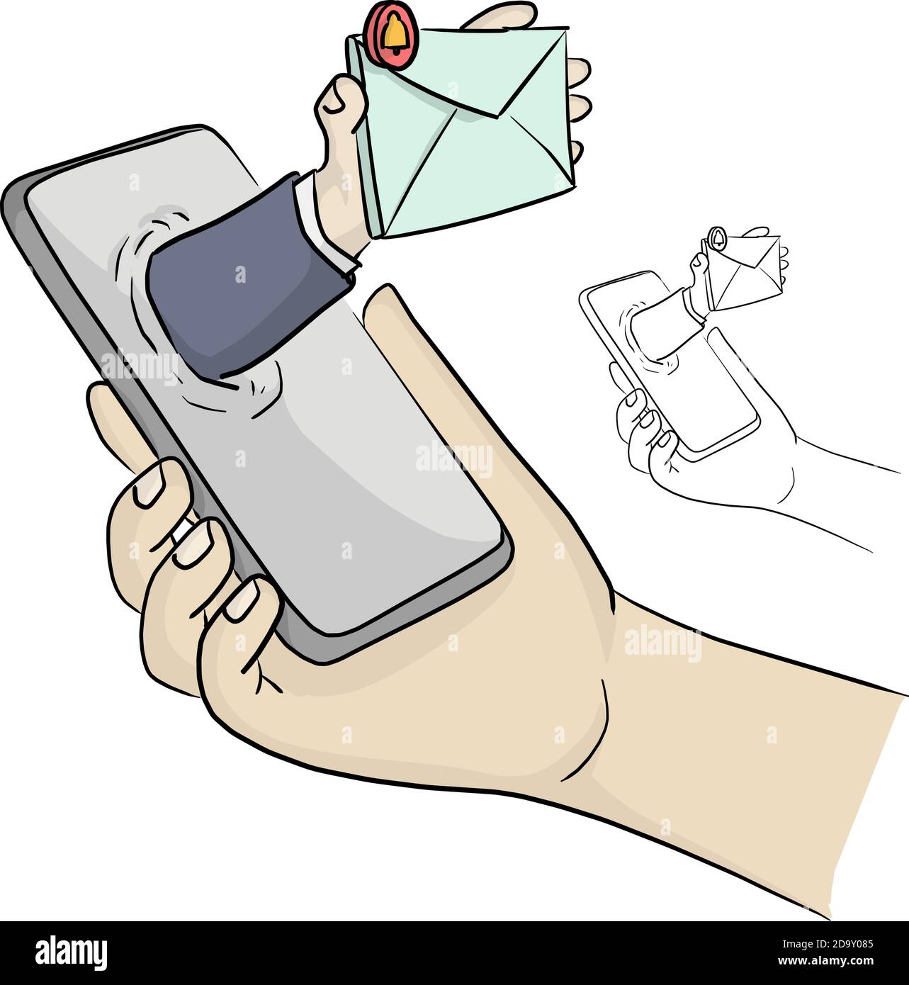 Hand holding smartphone with email notification vector illustration sketch doodle hand drawn