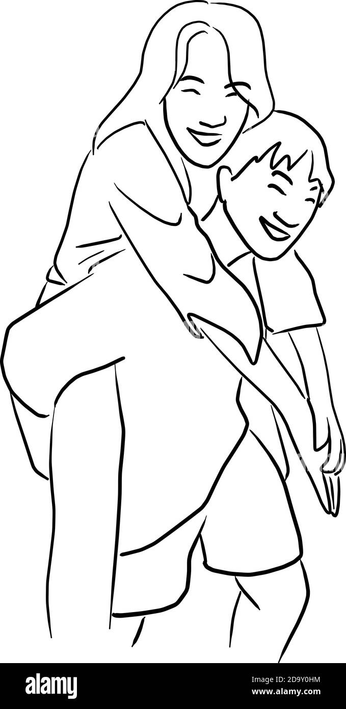 young man giving a piggy back ride to his girlfriend vector illustration sketch doodle hand drawn with black lines isolated on white background Stock Vector